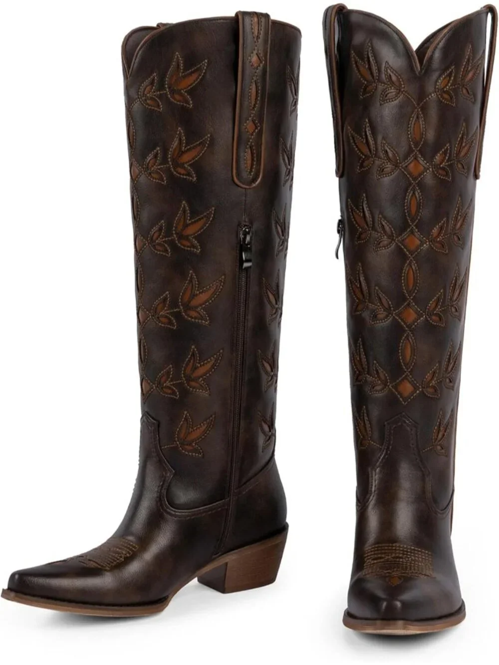 Women's Chocolate Knee High Cowgirl Boots Pointed Toe Slip On Chunky Heel